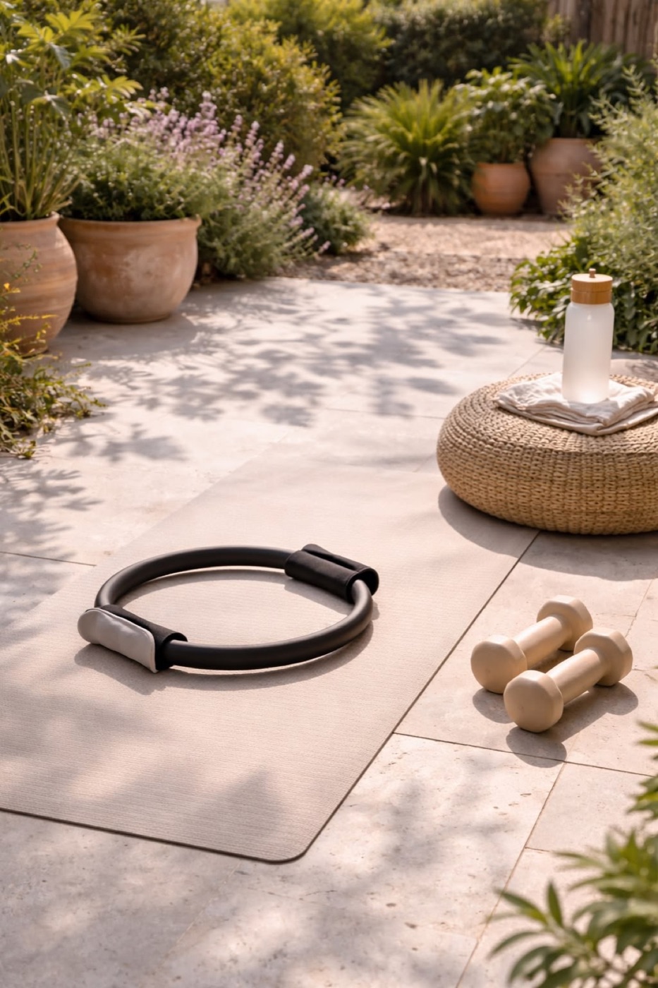 Mat Pilates outdoor con magic circle, pesi e borraccia su pavimento in pietra, vasi di terracotta e lavanda sullo sfondo